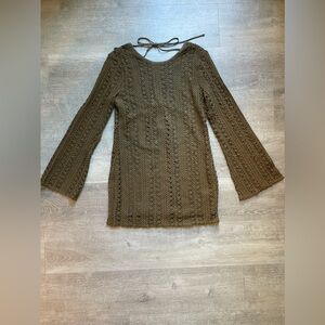 VICI Crochet Bell Sleeve Tunic Dress in Olive